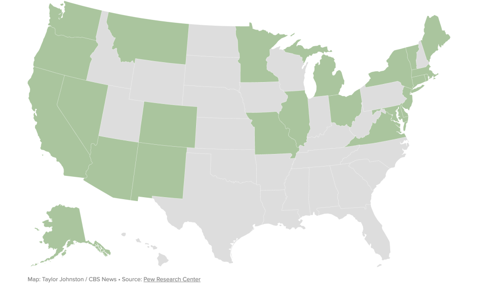 map of the usa showing states where marijuana is legal
